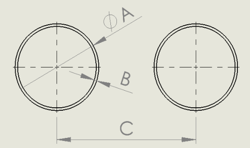 Dimensões do tubo: diâmetro (A), espessura (B) e distância entre centros (C)