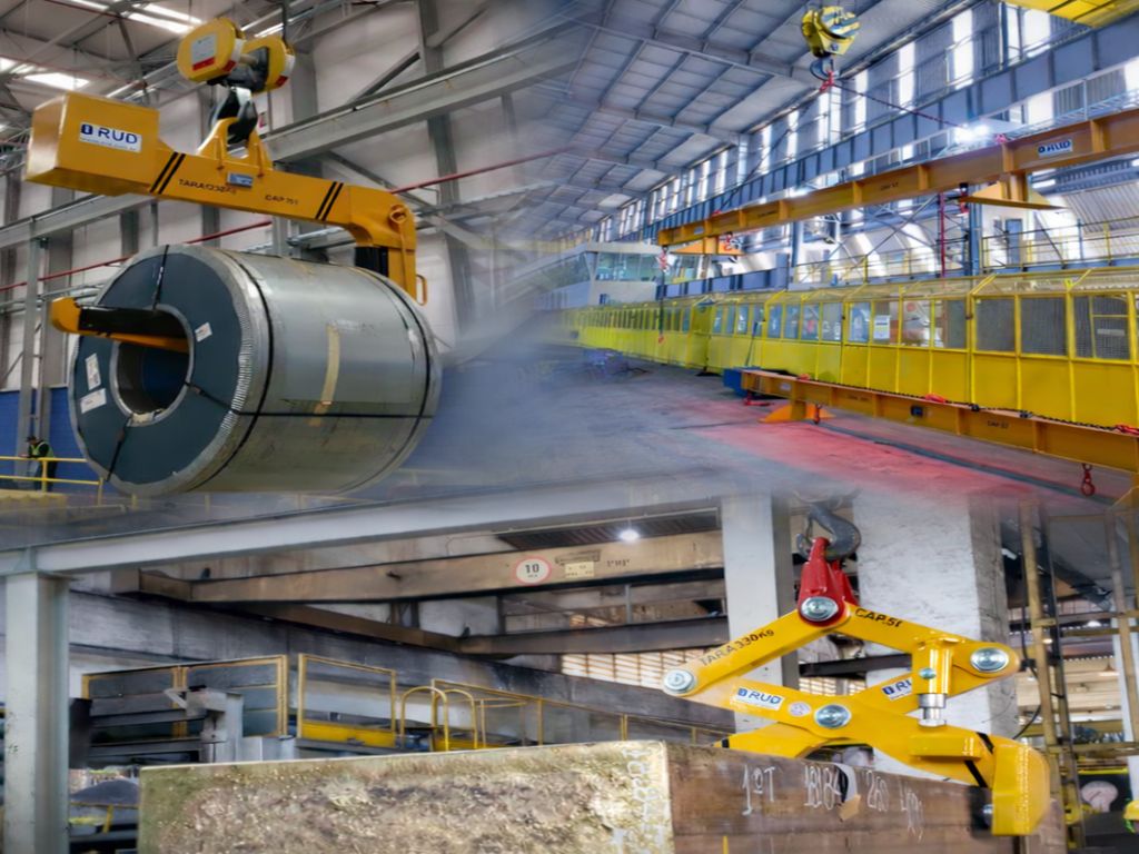 Composição ilustrativa com diferentes dispositivos de içamento, incluindo travessão barra de carga, tenaz e gancho em C para içamento de bobinas